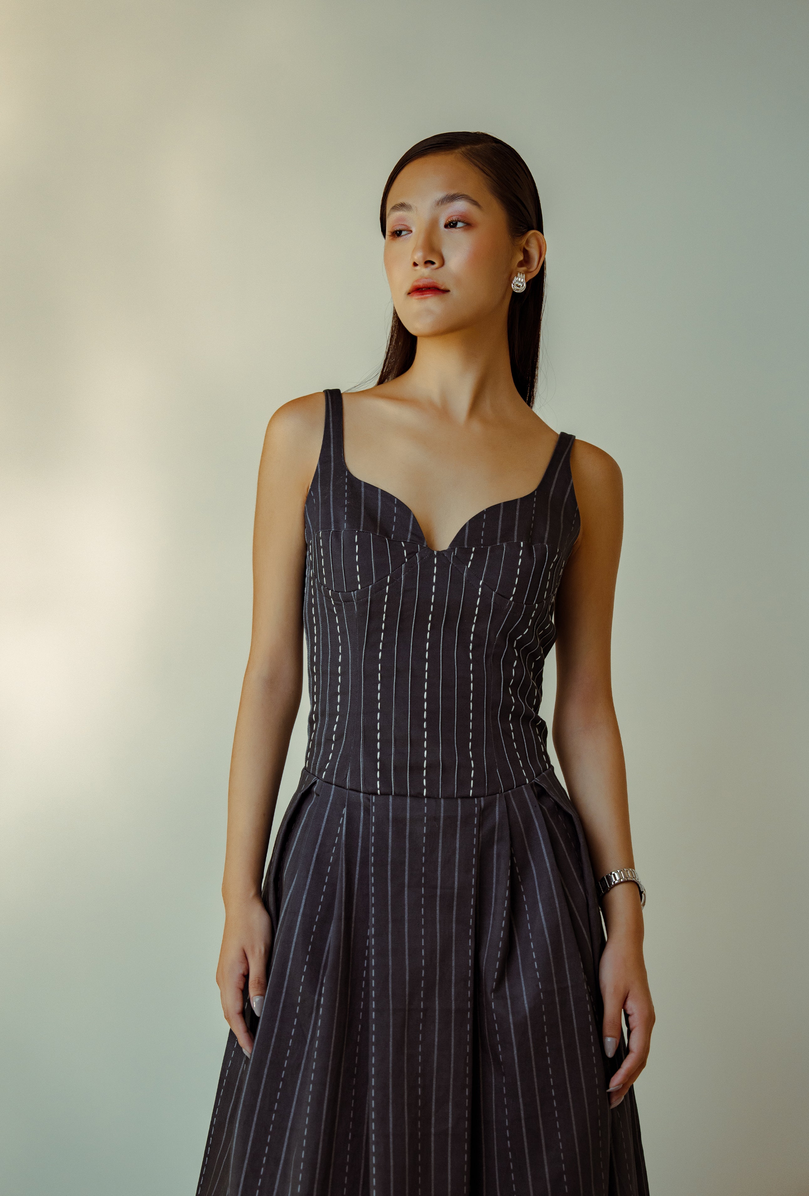 All Hearts No Spades luxury women’s sweetheart neckline, drop waist and cinched waist – quiet luxury premium clothing.