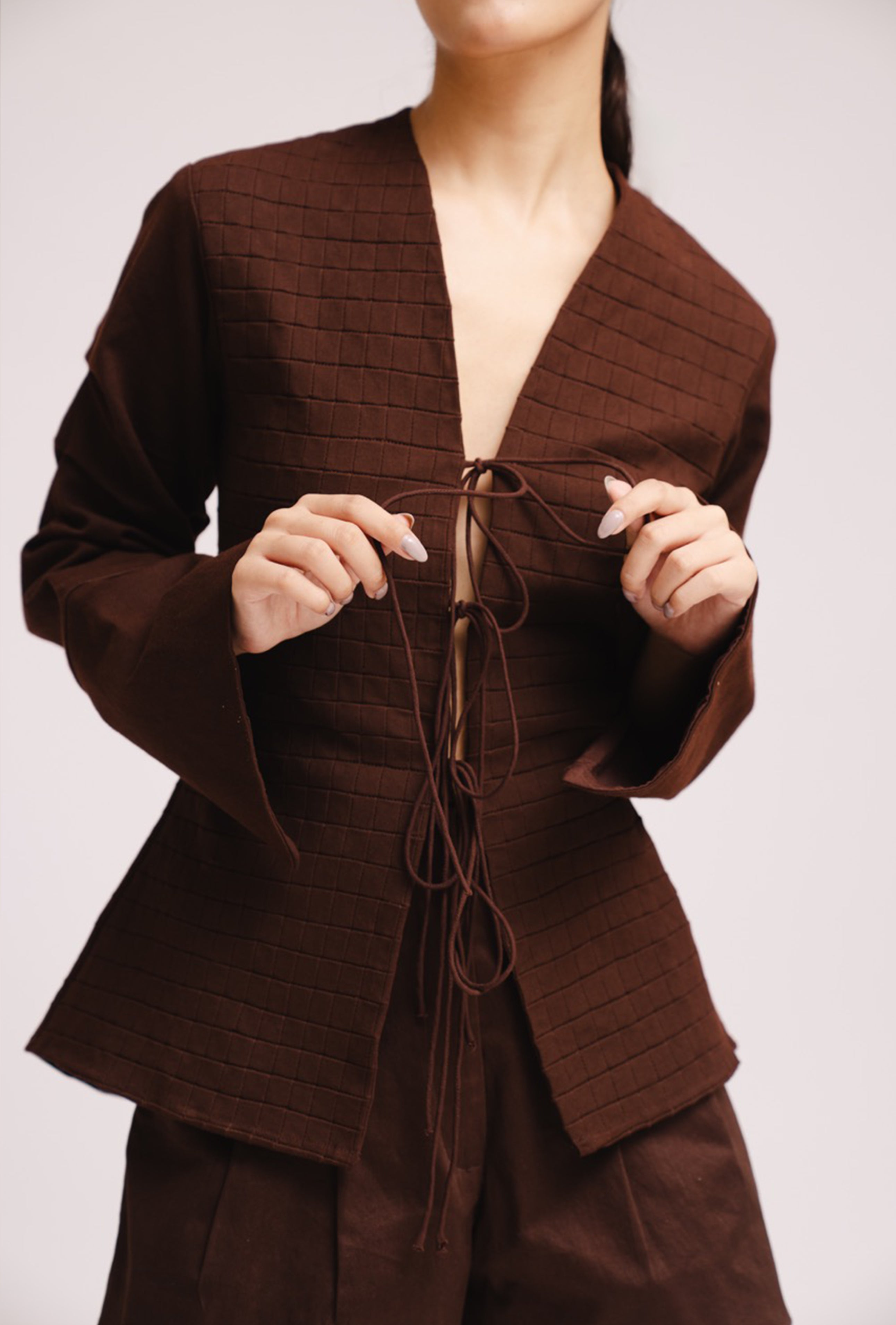 Luxury women’s brown tie up top with bell sleeves and front opening – All Hearts No Spades quiet luxury minimalist clothing