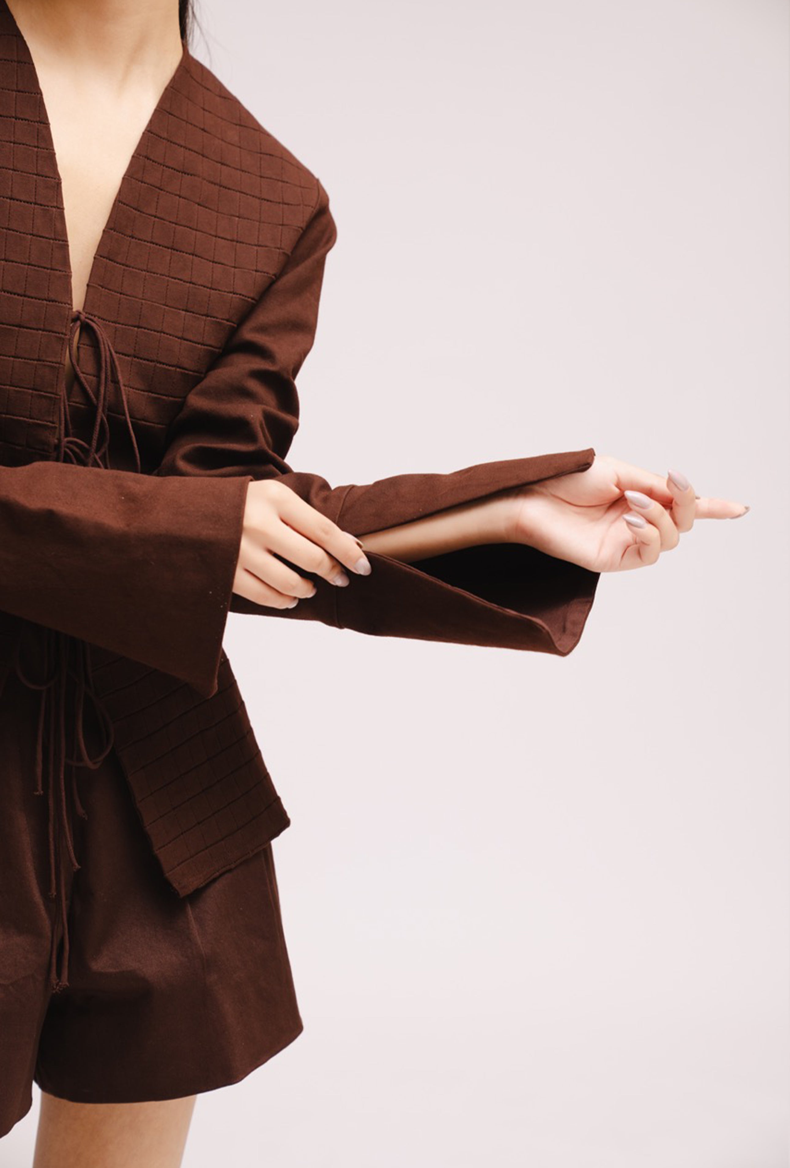 Luxury women’s brown tie up top with bell sleeves and front opening – All Hearts No Spades quiet luxury minimalist clothing