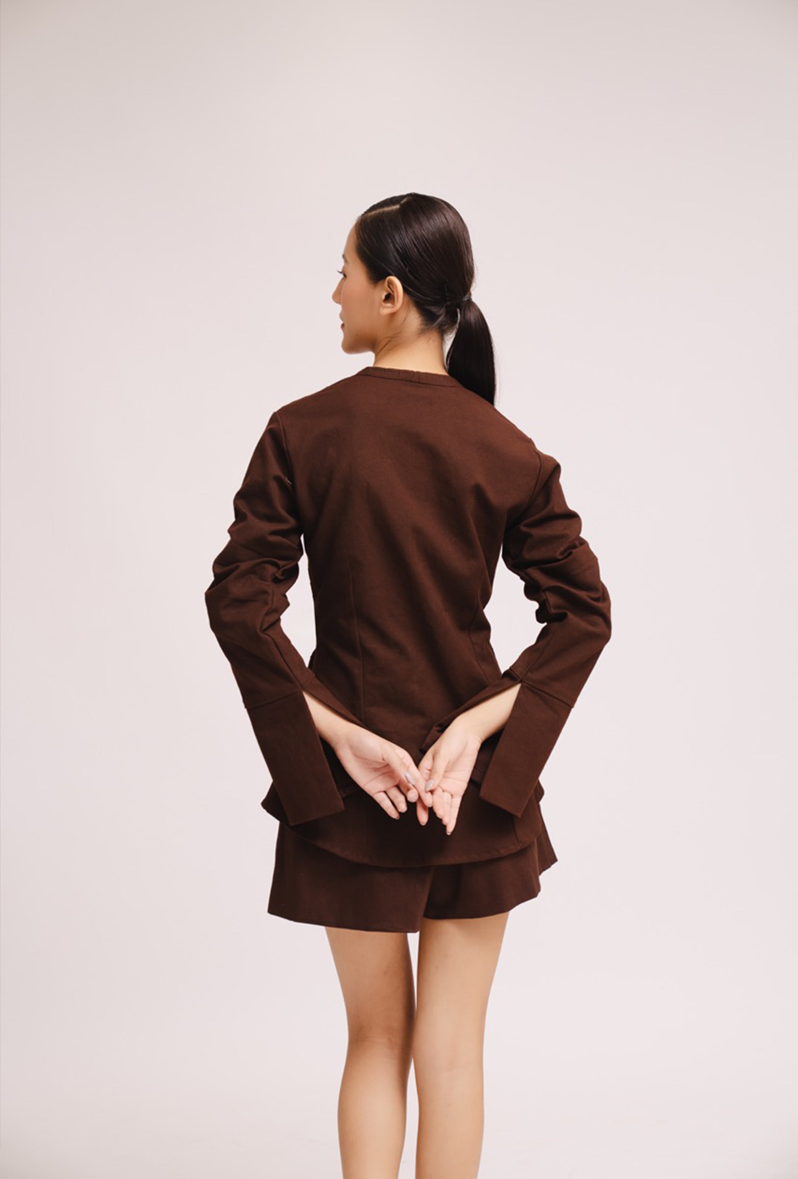 Luxury women’s brown tie up top with bell sleeves and front opening – All Hearts No Spades quiet luxury minimalist clothing
