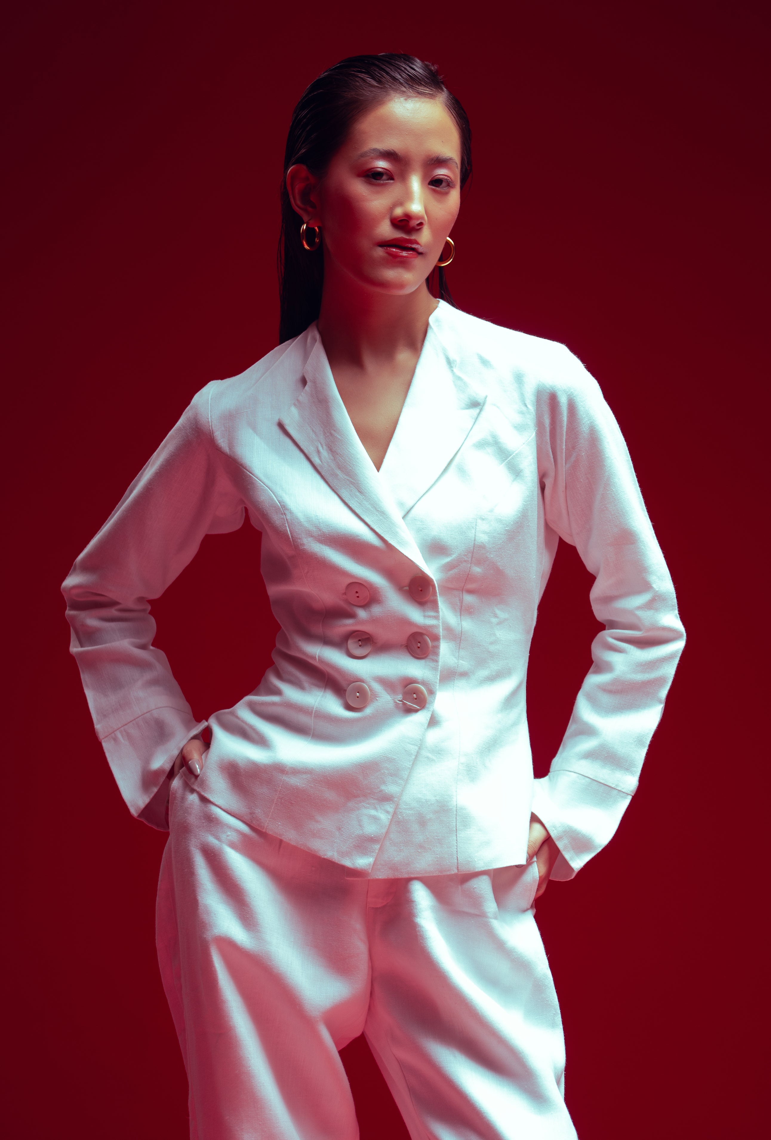 All Hearts No Spades luxury women’s white blazer top, double-breasted collar  and minimalist tailoring – quiet luxury premium clothing.