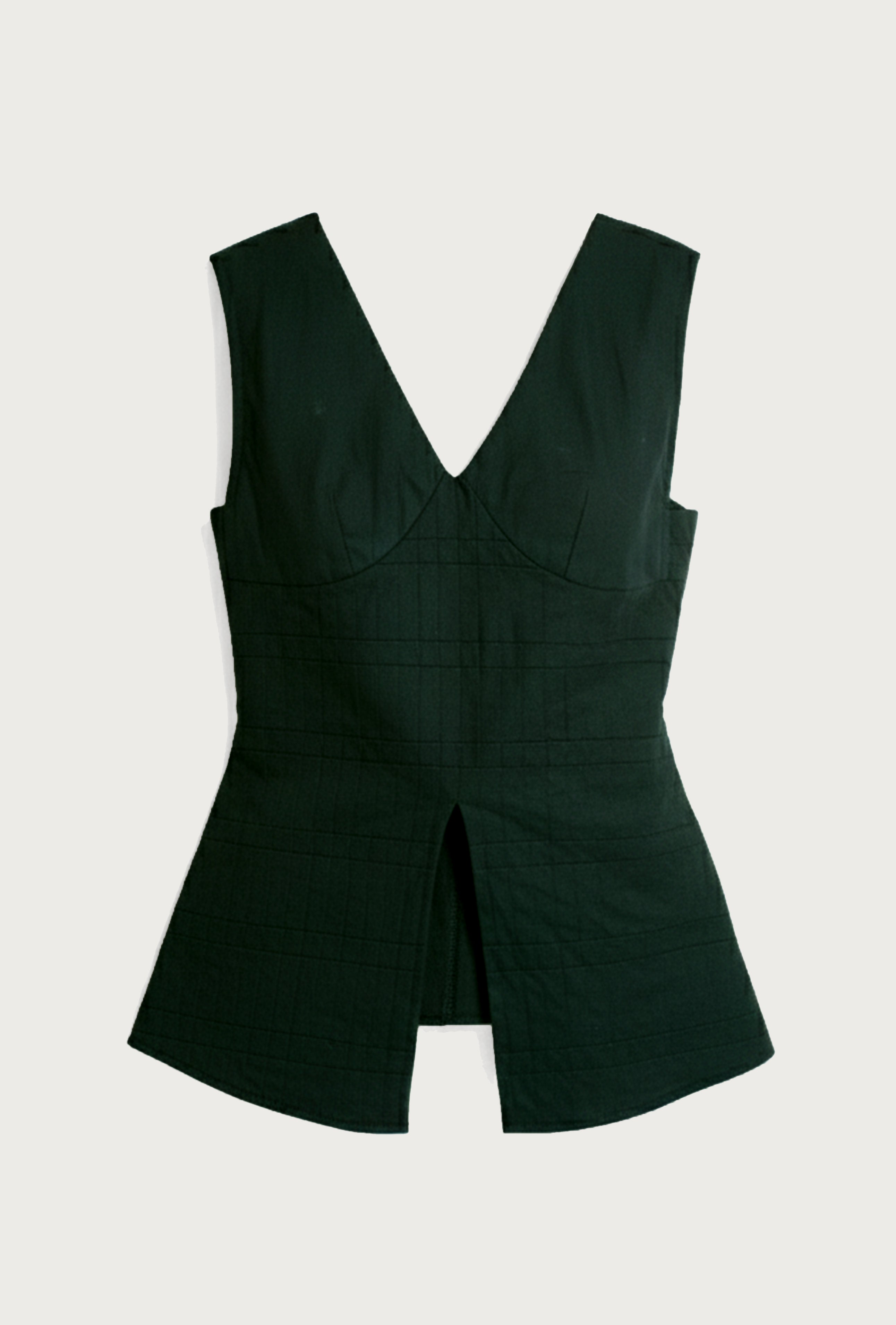 BLACK top that looks like a female vest, with a cut on the bust and handmade details on the bodice