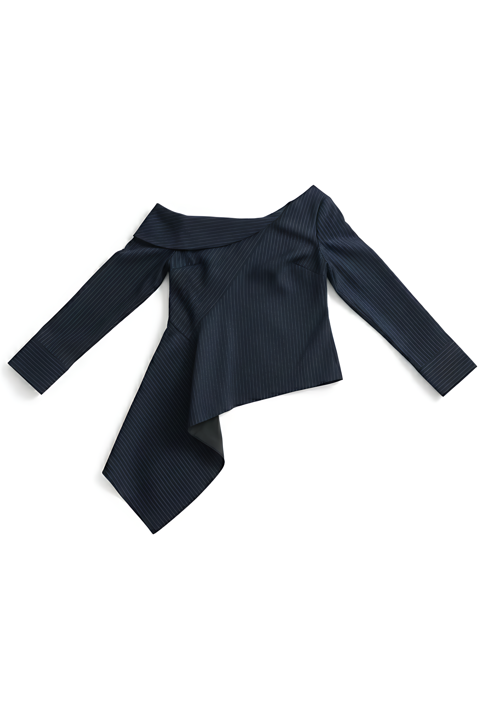 Navy blue pinstripes off-shoulder top on a white background