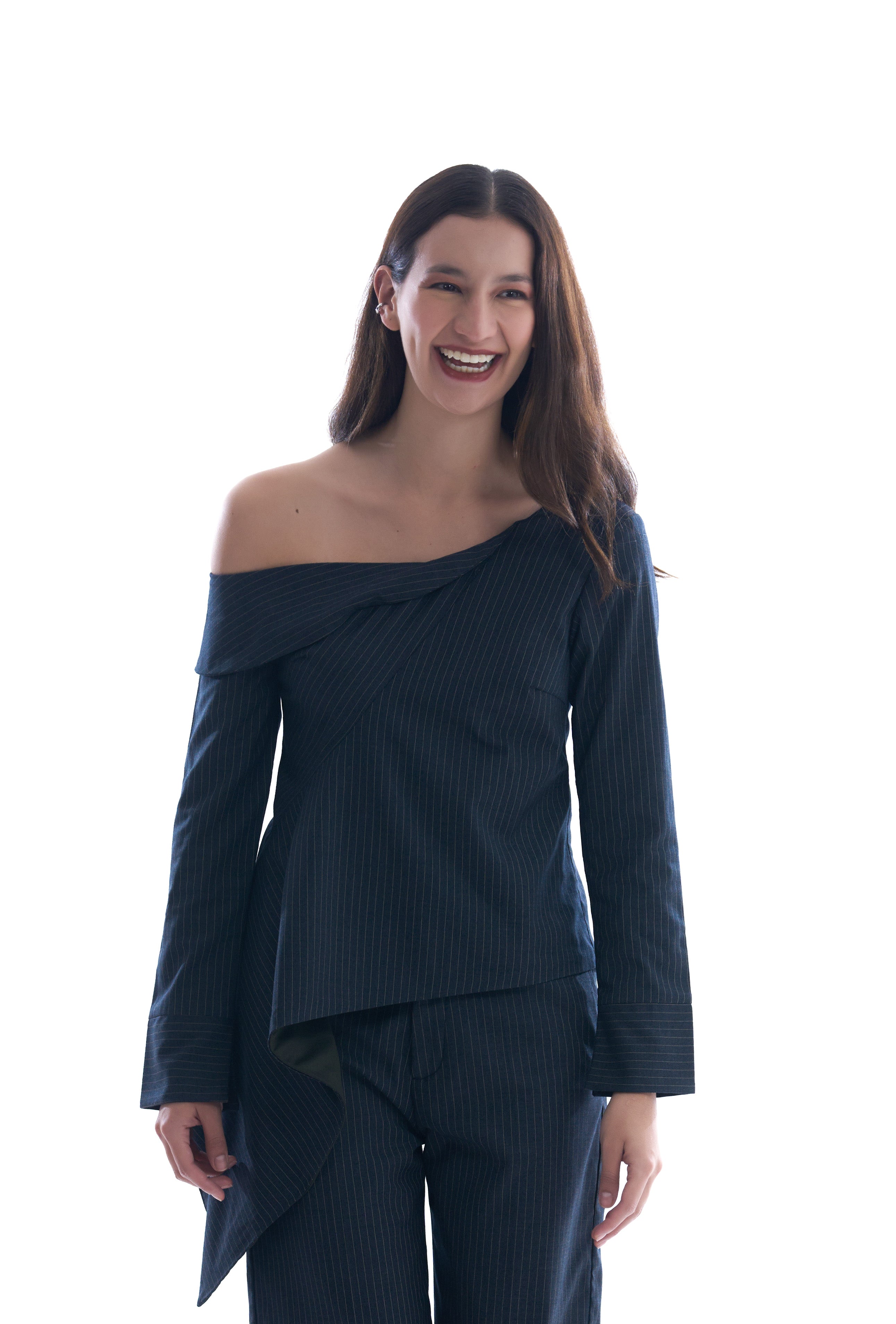 Navy blue pinstripes off-shoulder top on a white background
