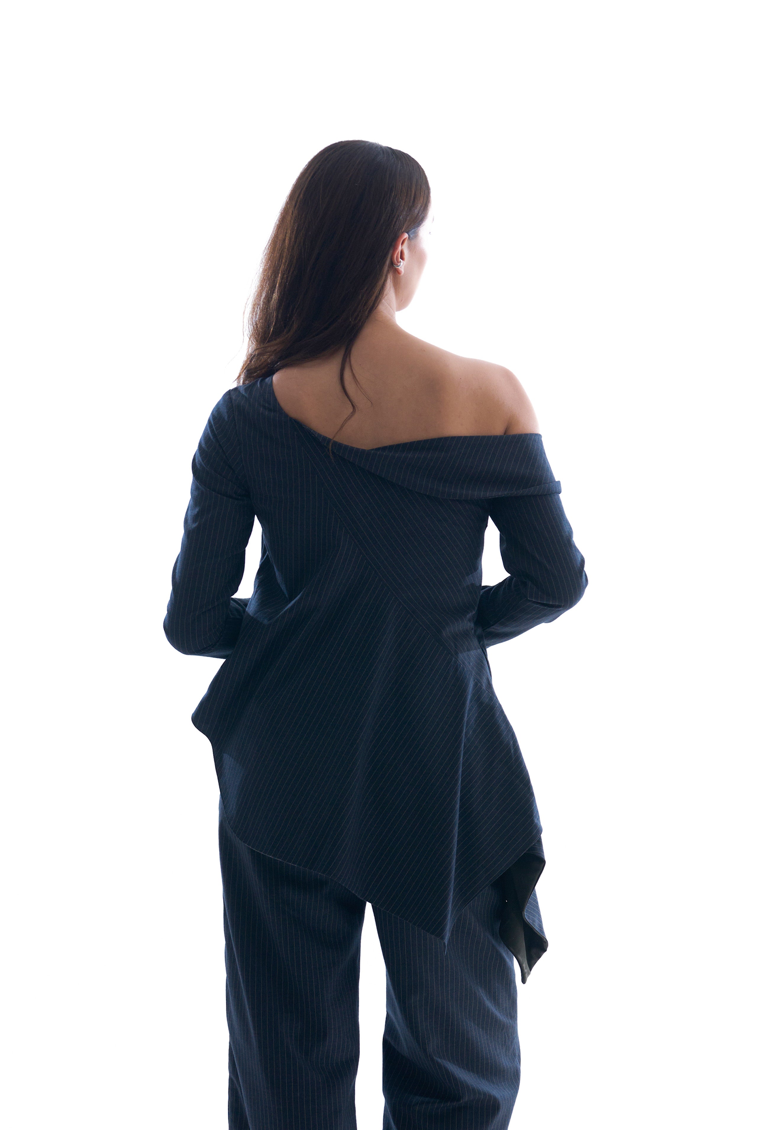 Navy blue pinstripes off-shoulder top on a white background