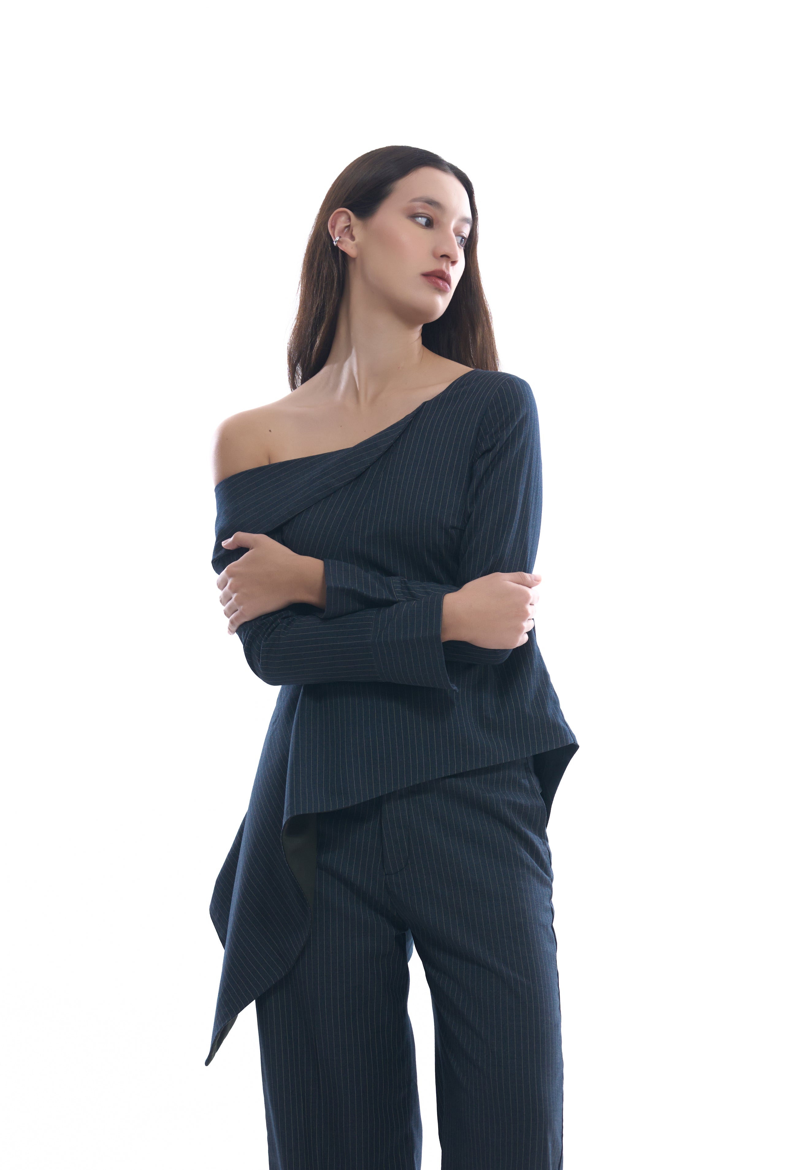 Navy blue pinstripes off-shoulder top on a white background