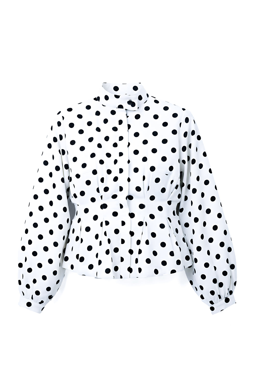 White jacket with black polka dots on a white background
